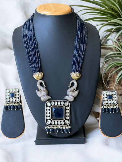 Navy Blue Uncut Polki CZ Long Victorian Necklace Set