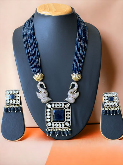 Navy Blue Uncut Polki CZ Long Victorian Necklace Set