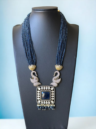 Navy Blue Uncut Polki CZ Long Victorian Necklace Set