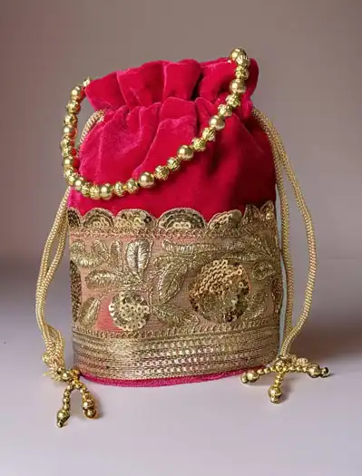 Flat Bottom Embroidered Velvet Potli Bag