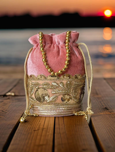 Flat Bottom Embroidered Velvet Potli Bag