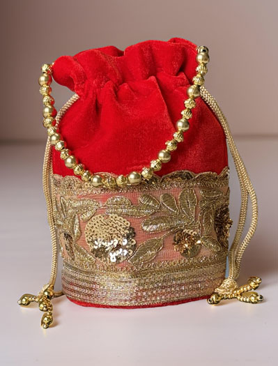 Flat Bottom Embroidered Velvet Potli Bag