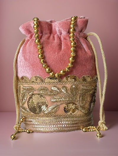 Flat Bottom Embroidered Velvet Potli Bag