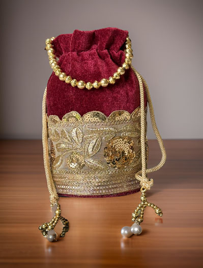 Flat Bottom Embroidered Velvet Potli Bag