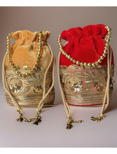 Flat Bottom Embroidered Velvet Potli Bag