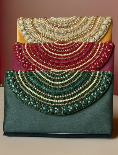 Pearl and Rhinestones embellished Velvet Envelope Clutch Bag