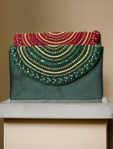 Pearl and Rhinestones embellished Velvet Envelope Clutch Bag