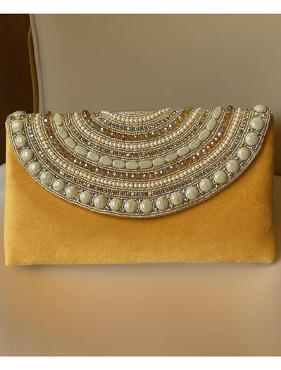 Pearl and Rhinestones embellished Velvet Envelope Clutch Bag