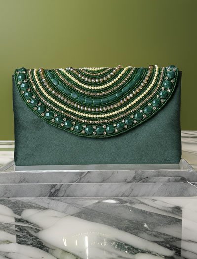 Pearl and Rhinestones embellished Velvet Envelope Clutch Bag