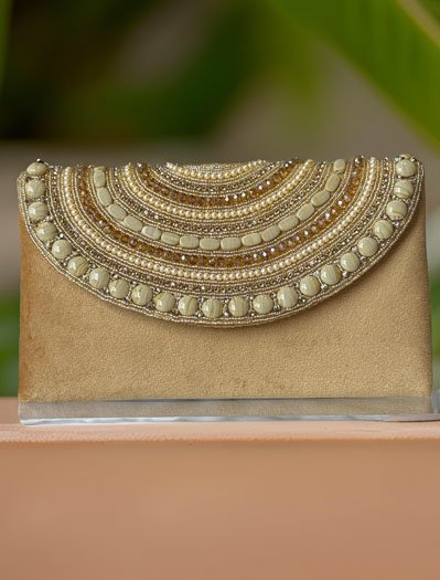 Pearl and Rhinestones embellished Velvet Envelope Clutch Bag