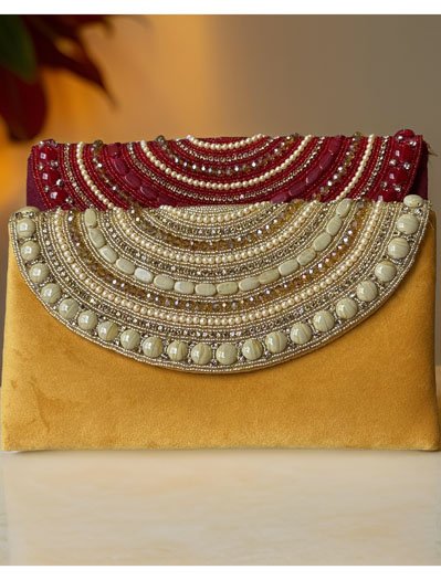 Pearl and Rhinestones embellished Velvet Envelope Clutch Bag