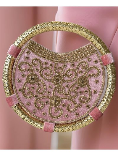 Round Shaped Velvet Embroidered Clutch Bag