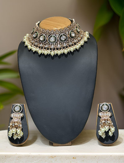 Celebrity Inspired Semi Bridal Premium Kundan CZ Choker Set