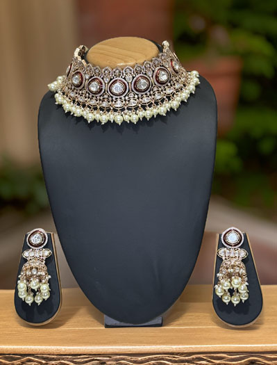 Celebrity Inspired Semi Bridal Premium Kundan CZ Choker Set