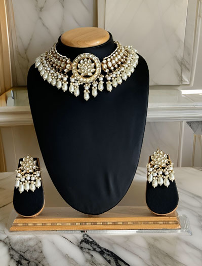 Pachi Kundan White Semi Bridal Necklace Set