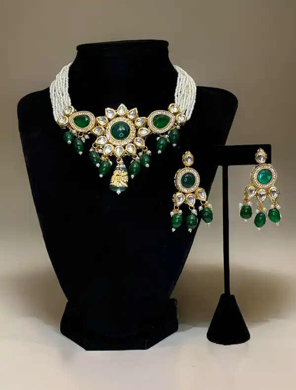 Round Shaped Pendant Emerald Pearl Kundan Choker Set