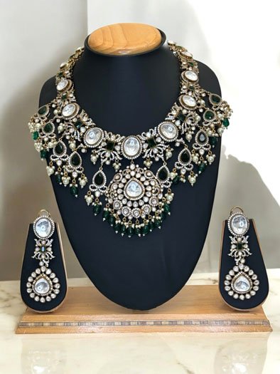 Sabyasachi Inspired Moissanite Kundan Semi Bridal Necklace Set