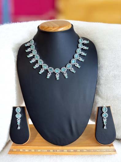 Designer AD/CZ necklace set in Rhodium plating