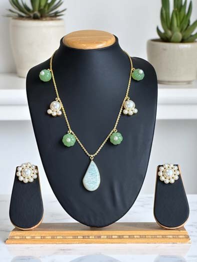 Delicate Summer MOP Necklace with Amazonite Pendant