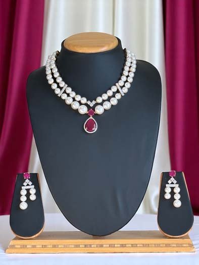 AD CZ Fresh Water Pearls Necklace Set