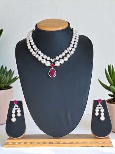AD CZ Fresh Water Pearls Necklace Set
