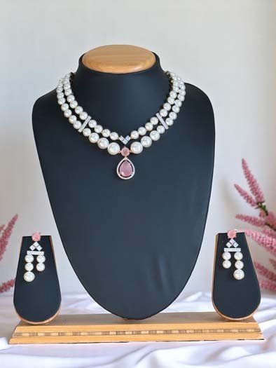 AD CZ Fresh Water Pearls Necklace Set