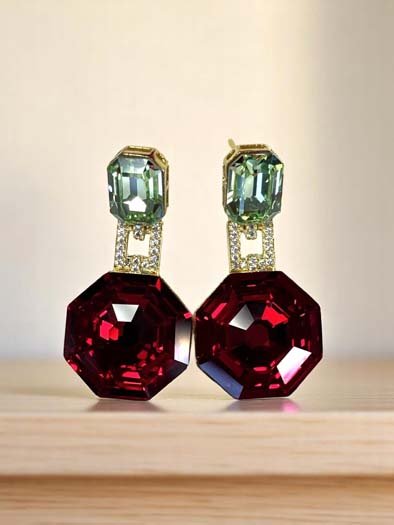 Deep Color Hexagon Swarovski Drop Earrings