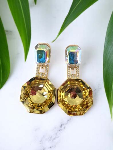 Deep Color Hexagon Swarovski Drop Earrings