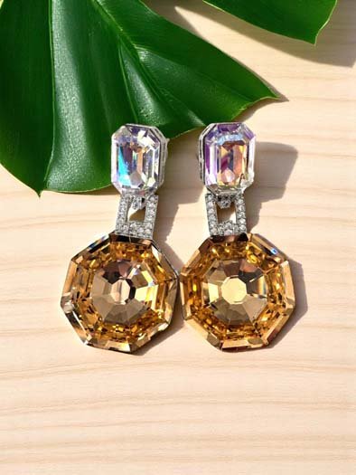 Deep Color Hexagon Swarovski Drop Earrings (Rhodium)