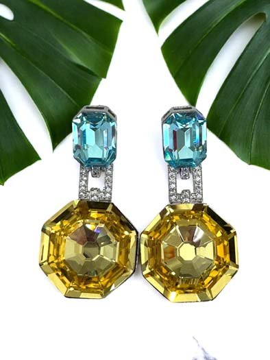 Deep Color Hexagon Swarovski Drop Earrings (Rhodium)