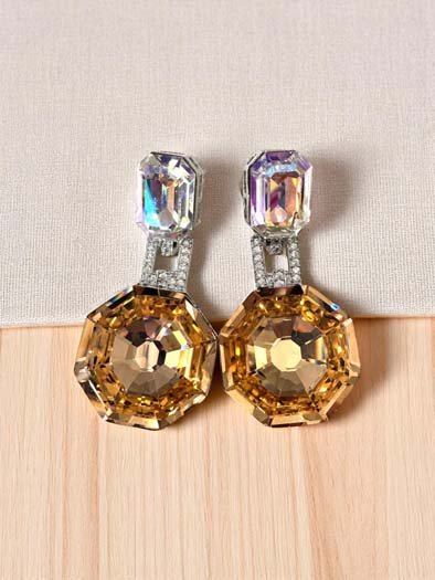 Deep Color Hexagon Swarovski Drop Earrings (Rhodium)