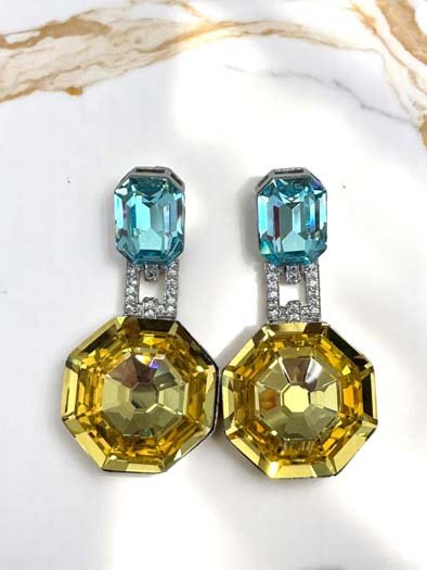 Deep Color Hexagon Swarovski Drop Earrings (Rhodium)