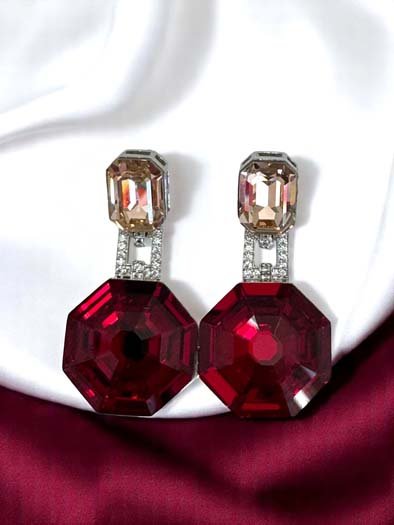Deep Color Hexagon Swarovski Drop Earrings (Rhodium)