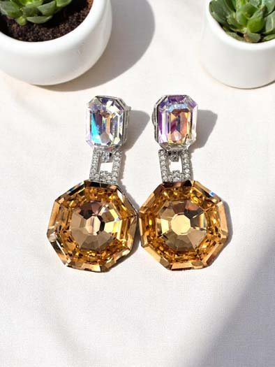 Deep Color Hexagon Swarovski Drop Earrings (Rhodium)