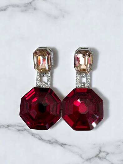 Deep Color Hexagon Swarovski Drop Earrings (Rhodium)