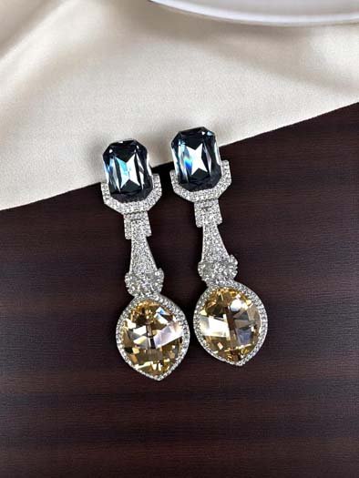 Bollywood Inspired Designer Swarovski Long Earrings (Rhodium)