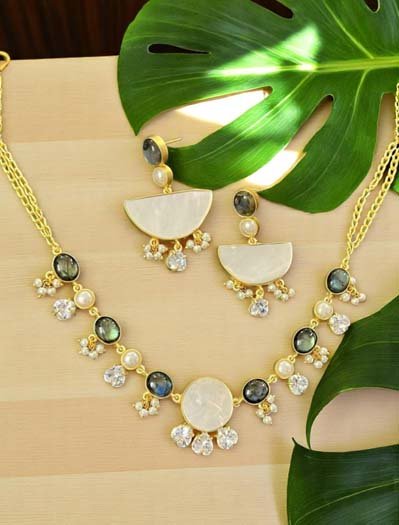 Natural Labrodorite Freshwater Pearls Necklace Set