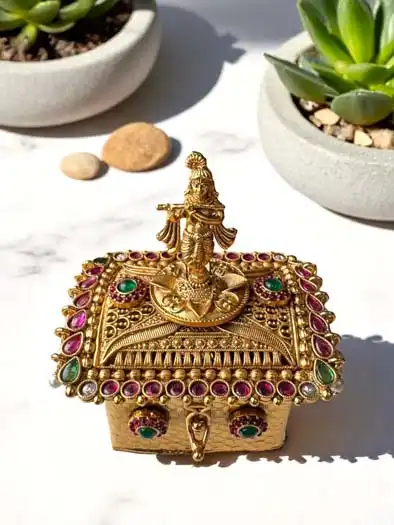 Designer Kumkum Box with Lord Krishna Idol