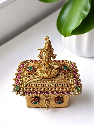 Designer Kumkum Box with Lord Krishna Idol
