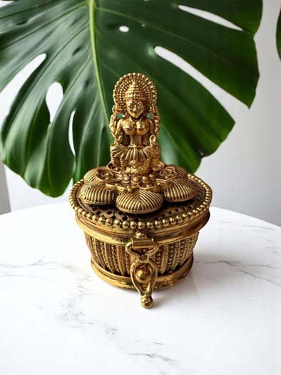 Antique Gold Finished Laxmi Ji Kumkum Dabbi