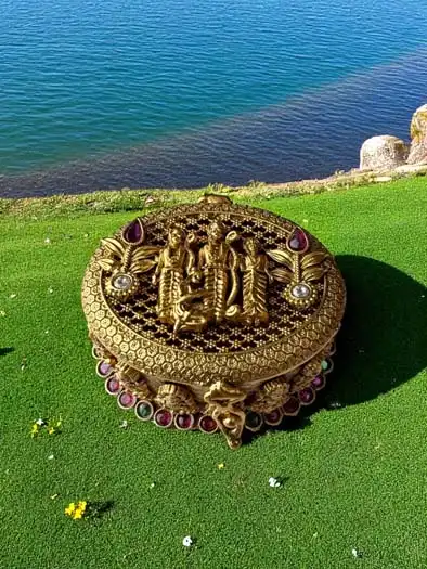 Exquisite Kumkum Dabbi With the divine trio of Lakshman, Ram, and Sita