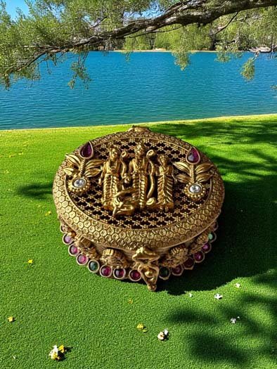 Exquisite Kumkum Dabbi With the divine trio of Lakshman, Ram, and Sita