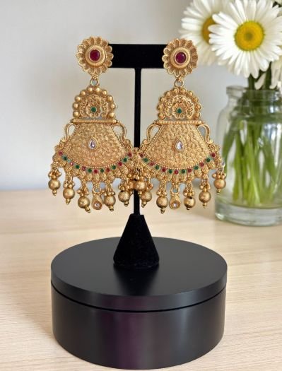 Gold Plated Ruby Green Long Earrings
