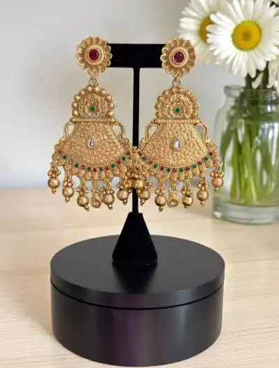 Gold Plated Ruby Green Long Earrings