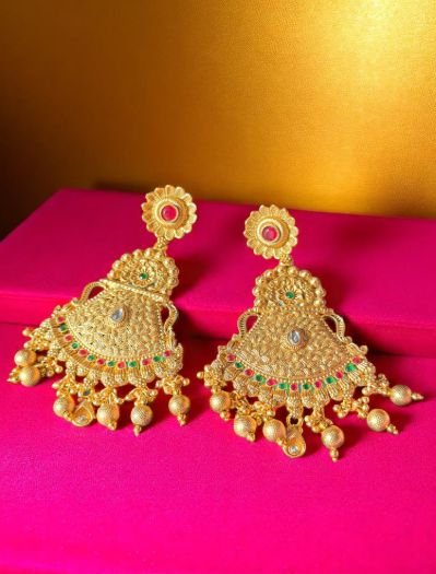 Gold Plated Ruby Green Long Earrings
