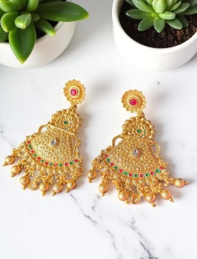 Gold Plated Ruby Green Long Earrings