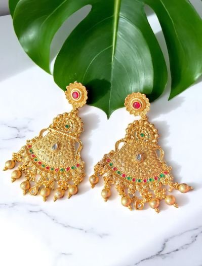 Gold Plated Ruby Green Long Earrings