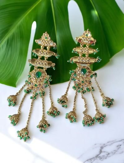 Mehndi Polish Extra Long Kundan Earrings