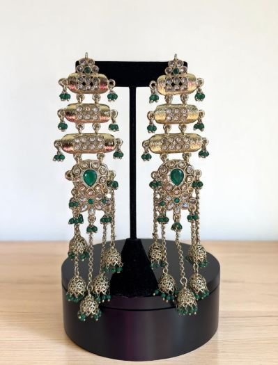 Mehndi Polish Extra Long Kundan Earrings