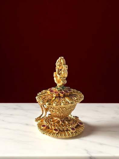 Intricate Ganesha Carving Gold Plated Kumkum Box